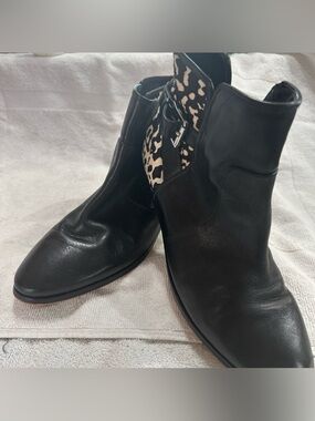 Michael Kors Black Leather Ankle Boots with Leopard Panel